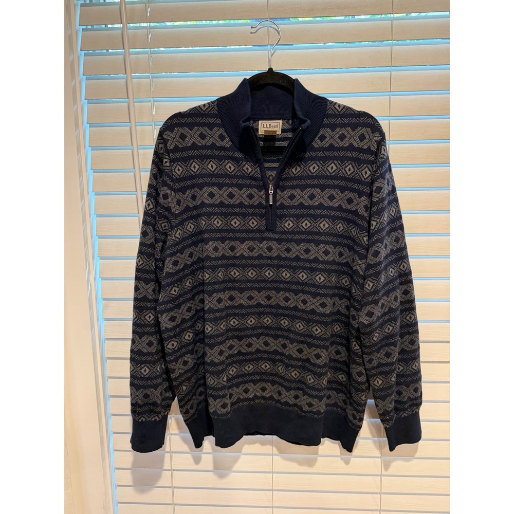 LL Bean Mens Large Cotton Cashmere Quarter Zip Fair Isle Sweater Navy Blue